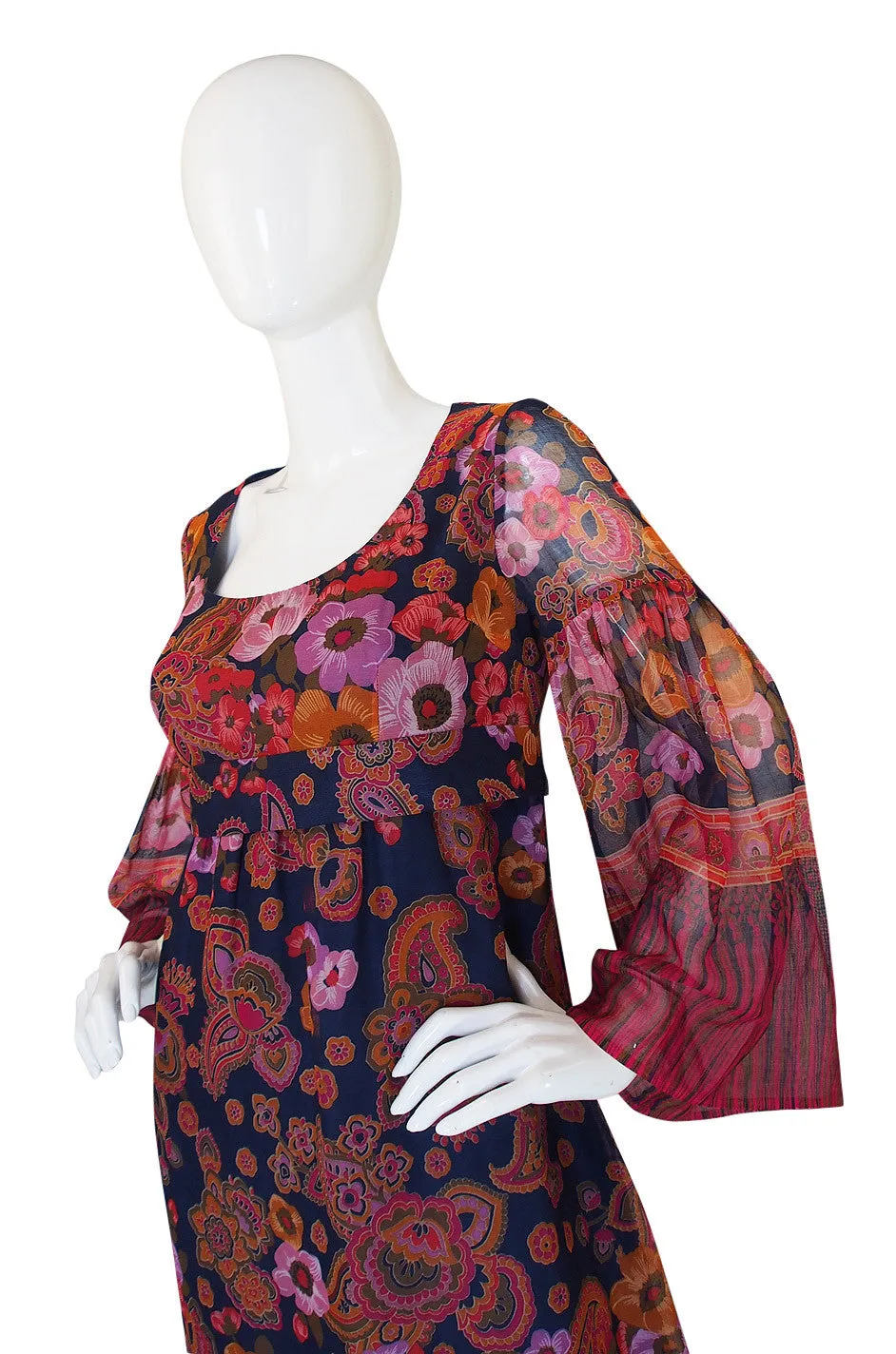 1960s Gorgeous Silk Voile Print Maxi Dress