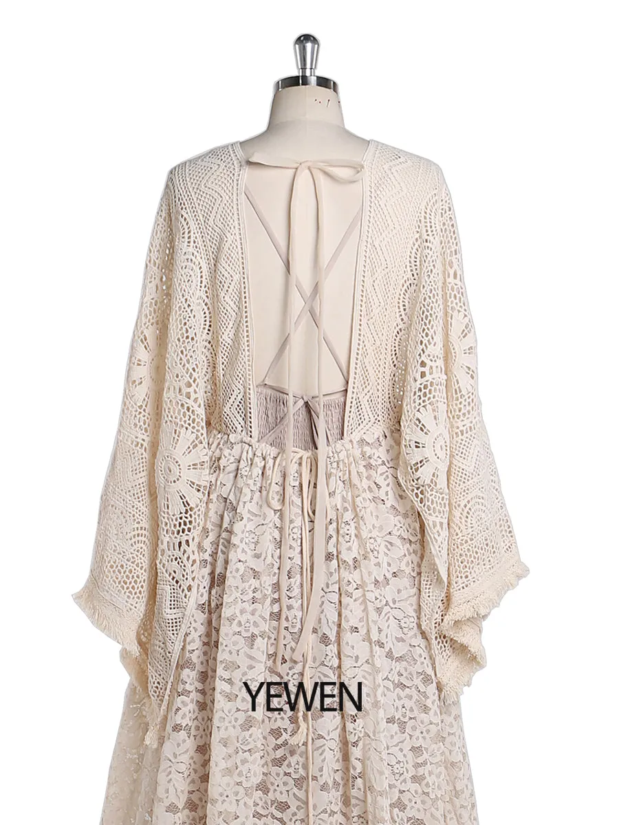 2 Pieces Set Backless V Neck Boho Lace Maternity Dress for Photoshoot Maternity Gowns Outside Beach Photo Shooting Dresses YEWEN YW220402-1
