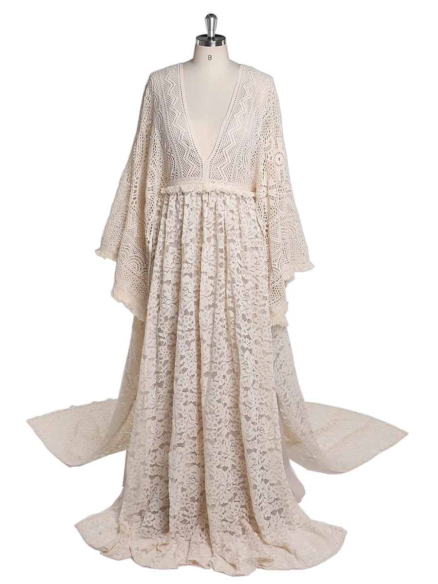 2 Pieces Set Backless V Neck Boho Lace Maternity Dress for Photoshoot Maternity Gowns Outside Beach Photo Shooting Dresses YEWEN YW220402-1