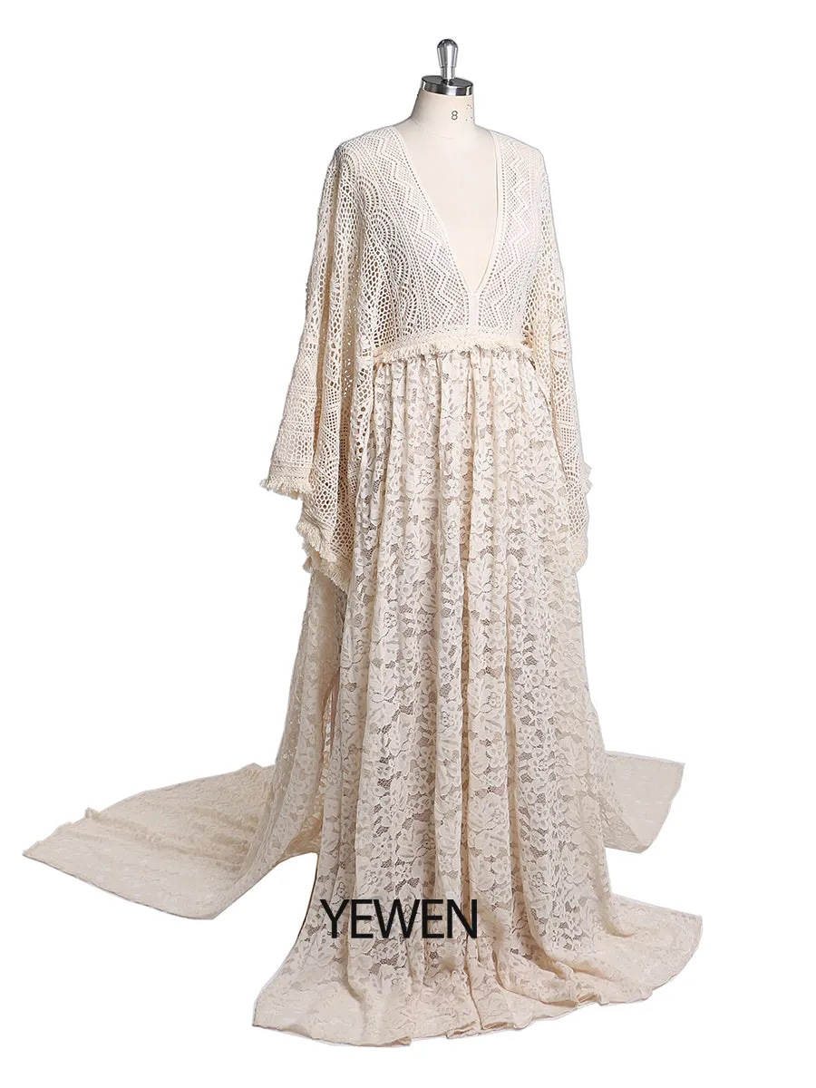 2 Pieces Set Backless V Neck Boho Lace Maternity Dress for Photoshoot Maternity Gowns Outside Beach Photo Shooting Dresses YEWEN YW220402-1