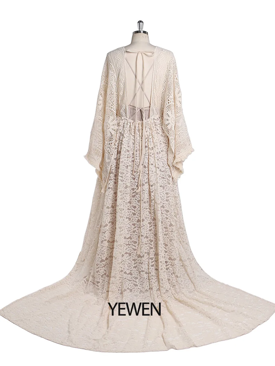 2 Pieces Set Backless V Neck Boho Lace Maternity Dress for Photoshoot Maternity Gowns Outside Beach Photo Shooting Dresses YEWEN YW220402-1