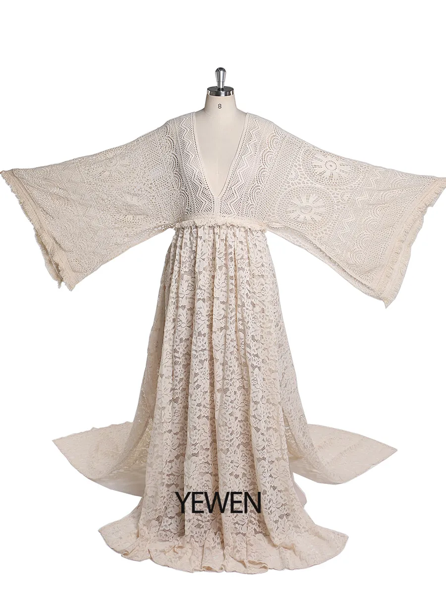 2 Pieces Set Backless V Neck Boho Lace Maternity Dress for Photoshoot Maternity Gowns Outside Beach Photo Shooting Dresses YEWEN YW220402-1
