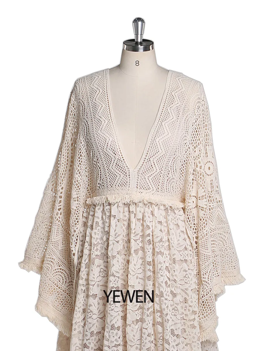2 Pieces Set Backless V Neck Boho Lace Maternity Dress for Photoshoot Maternity Gowns Outside Beach Photo Shooting Dresses YEWEN YW220402-1