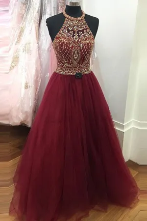 2018 Dark Wine Prom Dresses with Gold Beadings Long Tulle Party Gowns with Halter