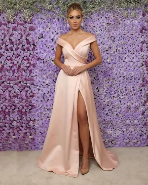 2019 Blush Pink Satin Prom Dresses with Split Off The Shoulder Long Prom Gowns for Party