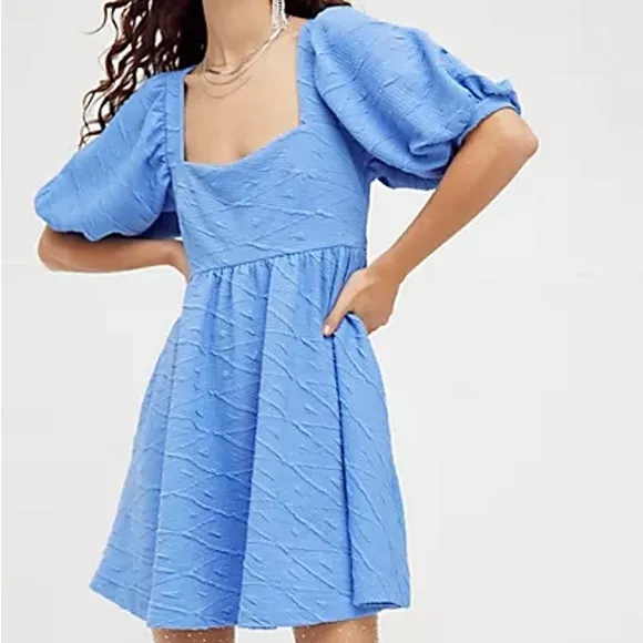 30”  Waist Free People Violet Mini Baby Doll Sky Blue Dress EUC Tag Size Small