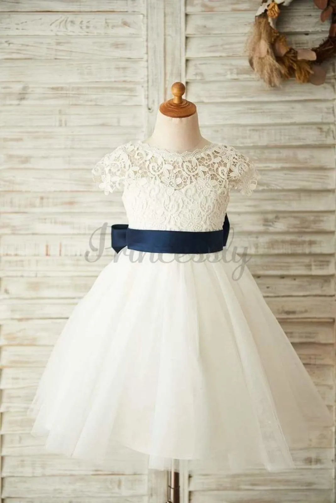 $79 SALE: Short Sleeves V Back Lace Tulle Wedding Flower Girl Dress with Navy Blue Belt