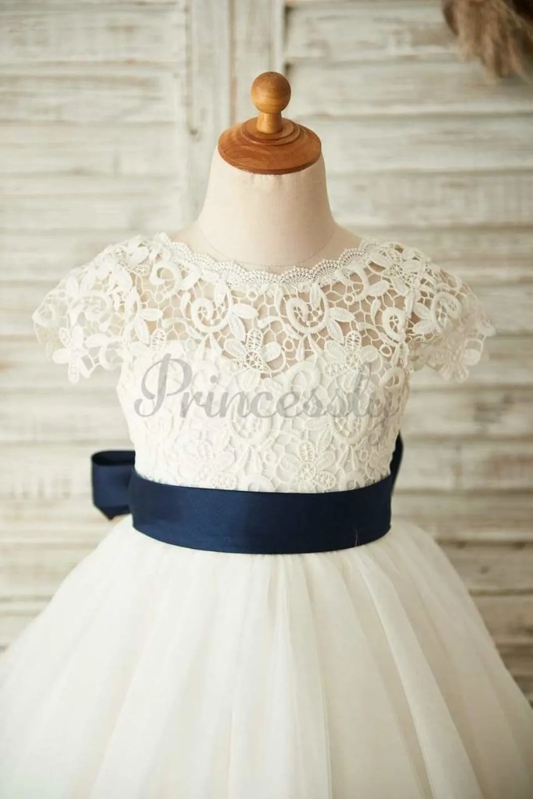 $79 SALE: Short Sleeves V Back Lace Tulle Wedding Flower Girl Dress with Navy Blue Belt
