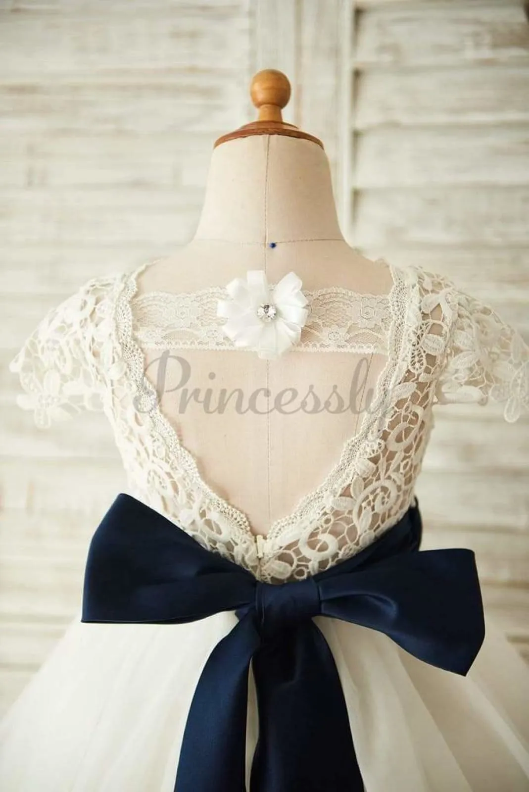 $79 SALE: Short Sleeves V Back Lace Tulle Wedding Flower Girl Dress with Navy Blue Belt
