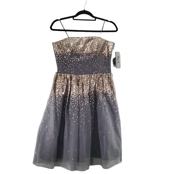 8 Missy Eliza J Sequin Tulle Dress Grey Metallic Copper Short Strapless Prom