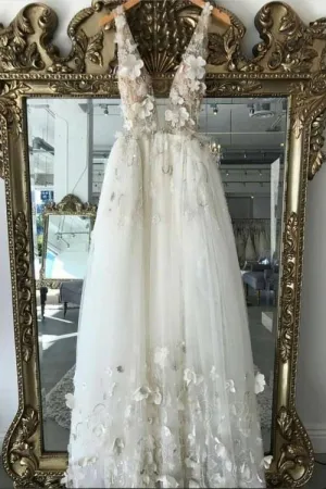 A line 3D Flowers Deep V Neck Ivory Straps Wedding Dresses Simple Boho Bridal Gowns W1085