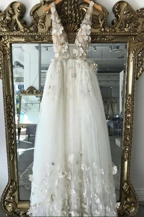 A line 3D Flowers Deep V Neck Ivory Straps Wedding Dresses Simple Boho Bridal Gowns W1085