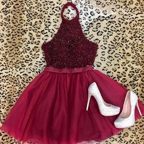A-line Halter Burgundy Short Homecoming Dress Cooktail Dress, MH452