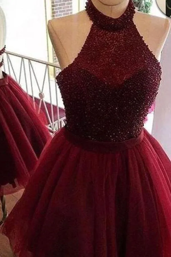 A-line Halter Burgundy Short Homecoming Dress Cooktail Dress, MH452