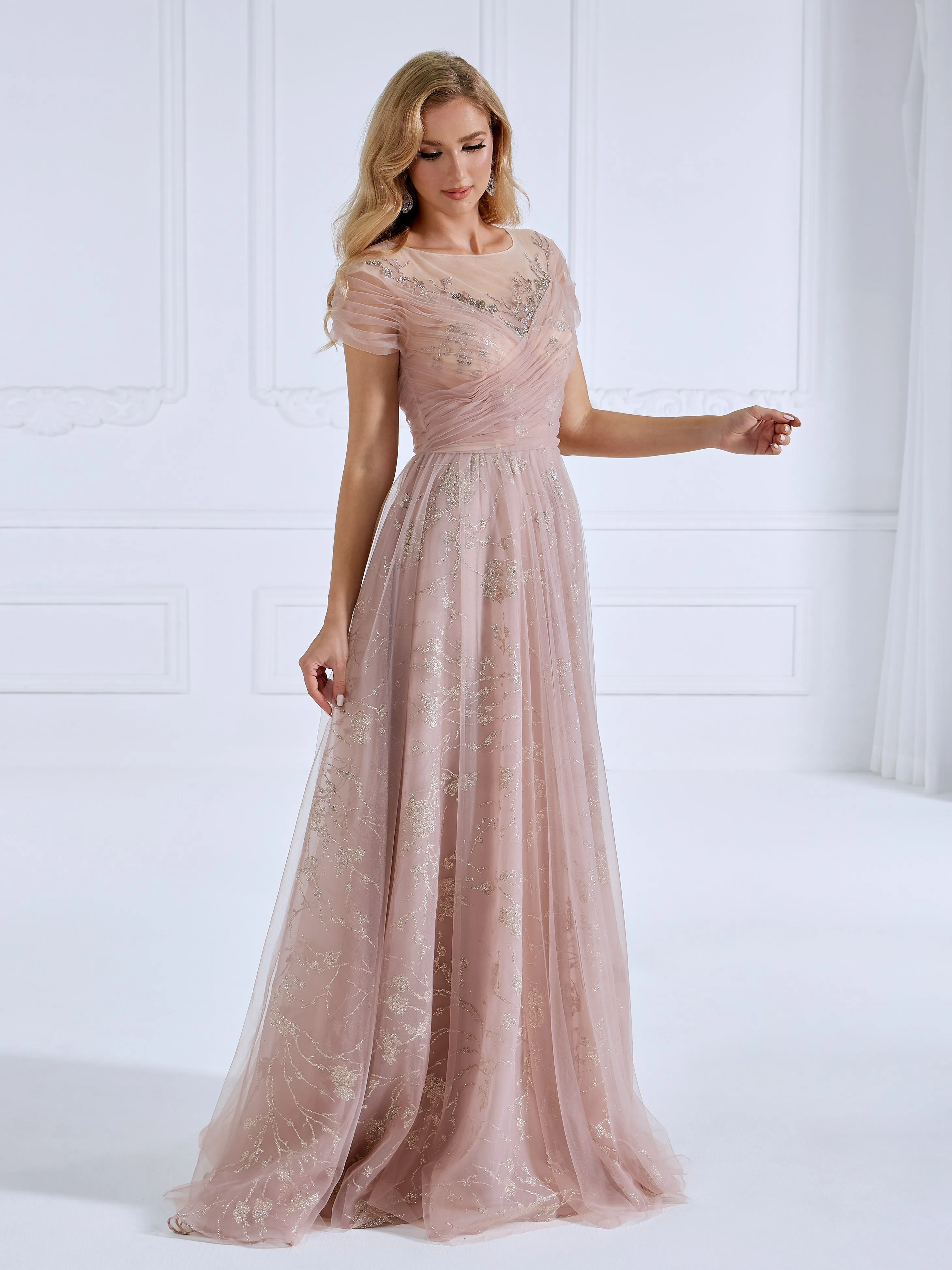 A Line illusion Round Neck Floor Length Tulle Prom Dresses With Glitter Pattern #16736