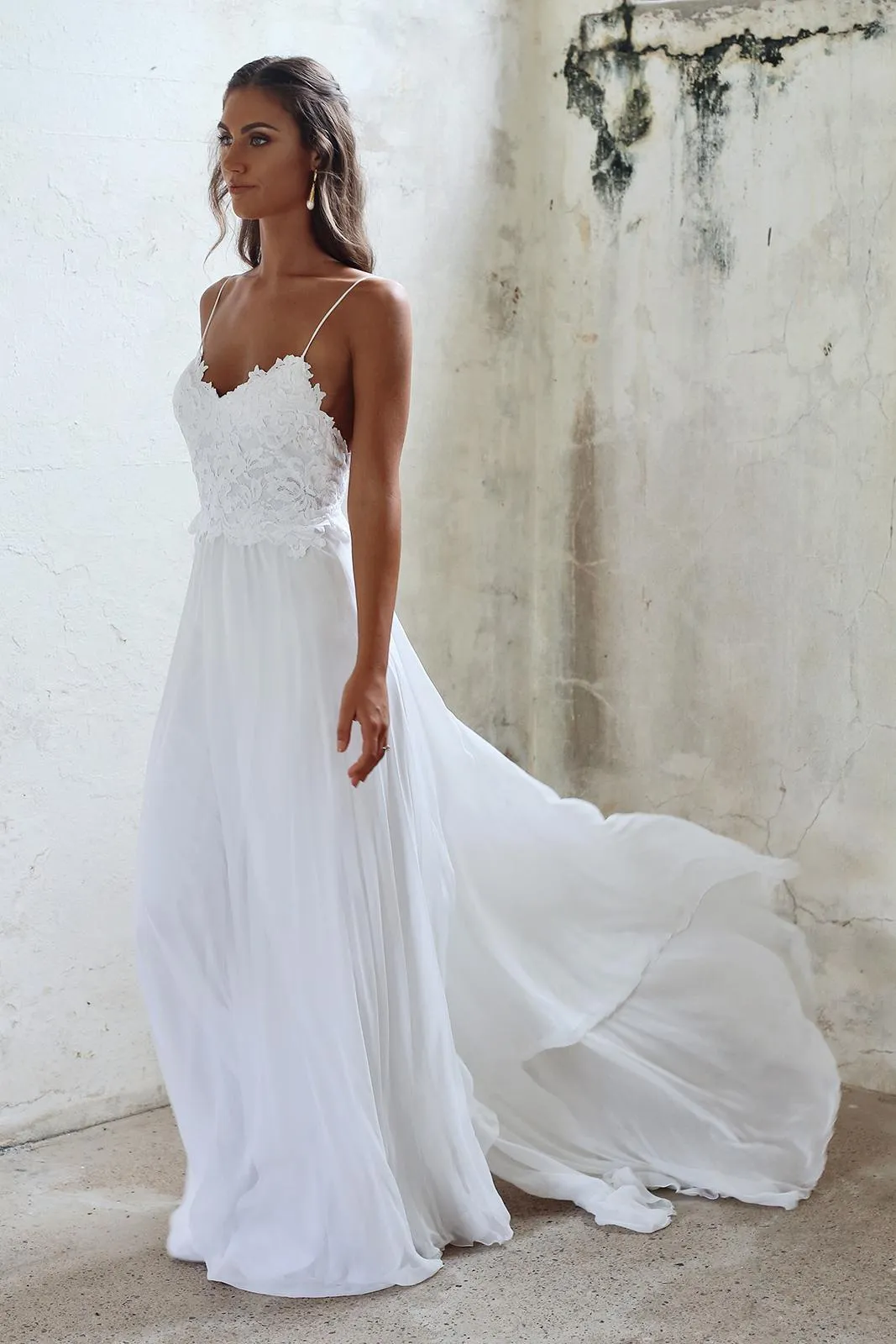 A line Spaghetti Straps Lace Informal Boho Wedding Dress