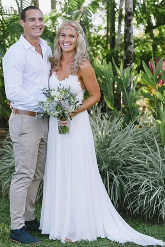 A line Spaghetti Straps Lace Informal Boho Wedding Dress