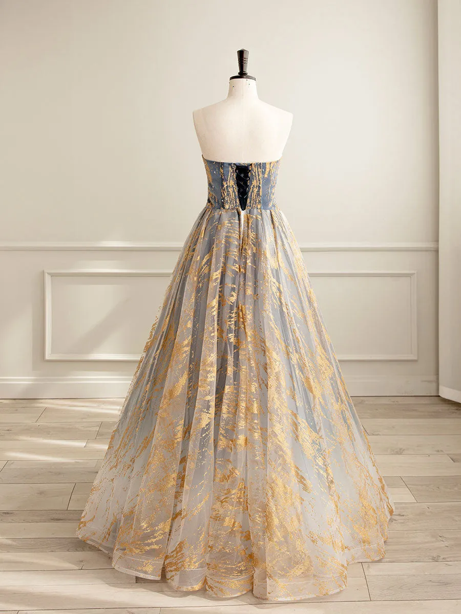 A-Line Tulle Lace Gold/Blue Long Prom Dresses, Tulle Lace Formal Dress