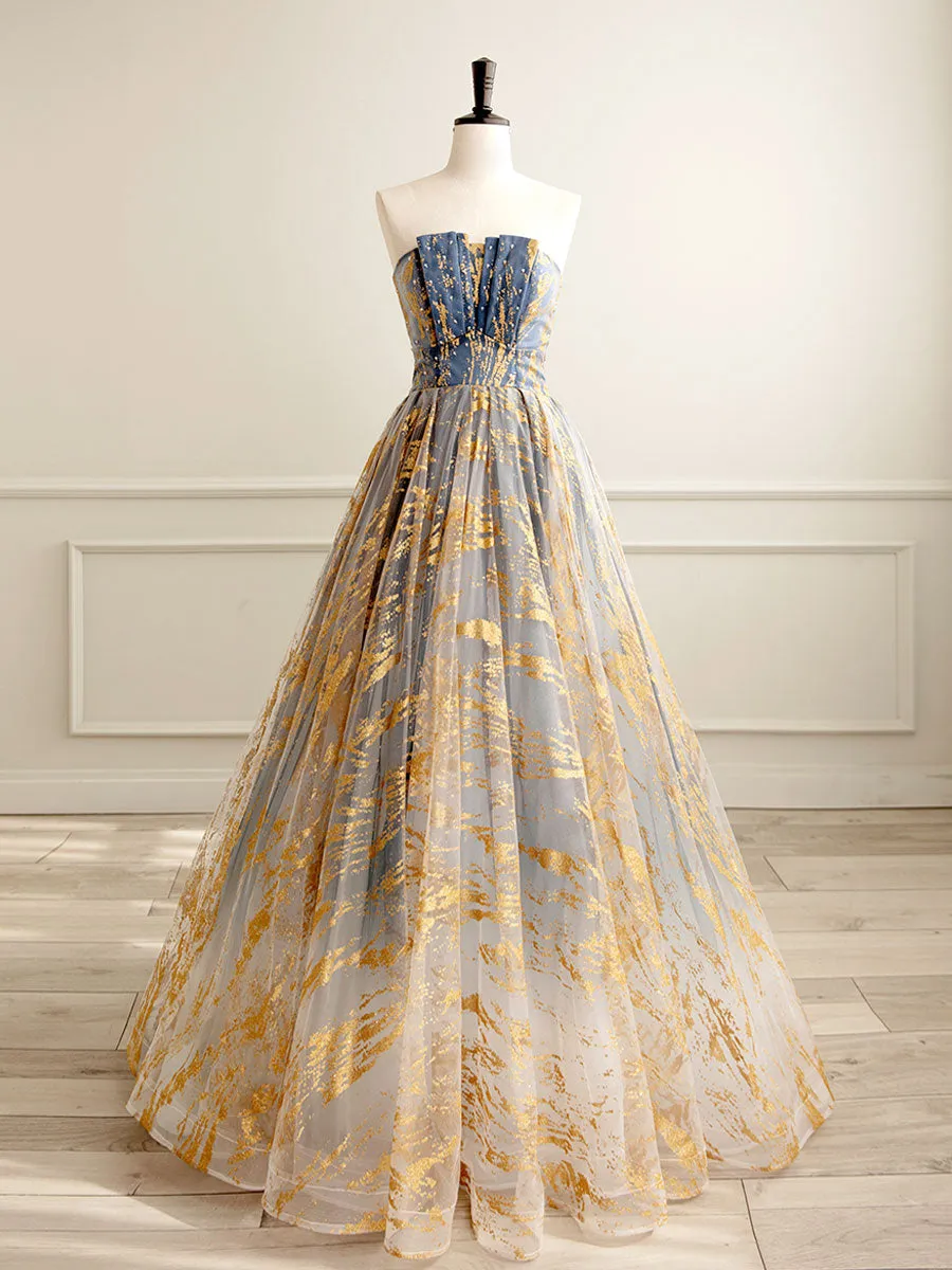 A-Line Tulle Lace Gold/Blue Long Prom Dresses, Tulle Lace Formal Dress