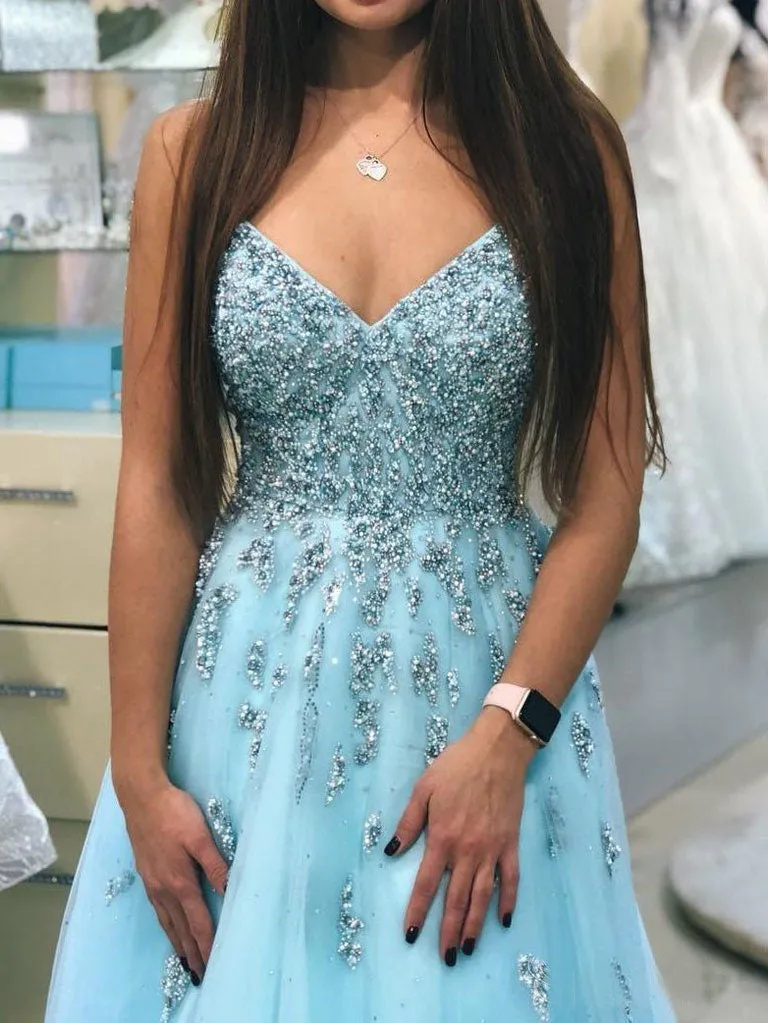 A-line V-neck Beaded Prom Dress Lace Blue Prom Gowns OKO95
