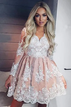 A-Line V-neck Long Sleeves Short Pink Homecoming Dress with Appliques  HD0023