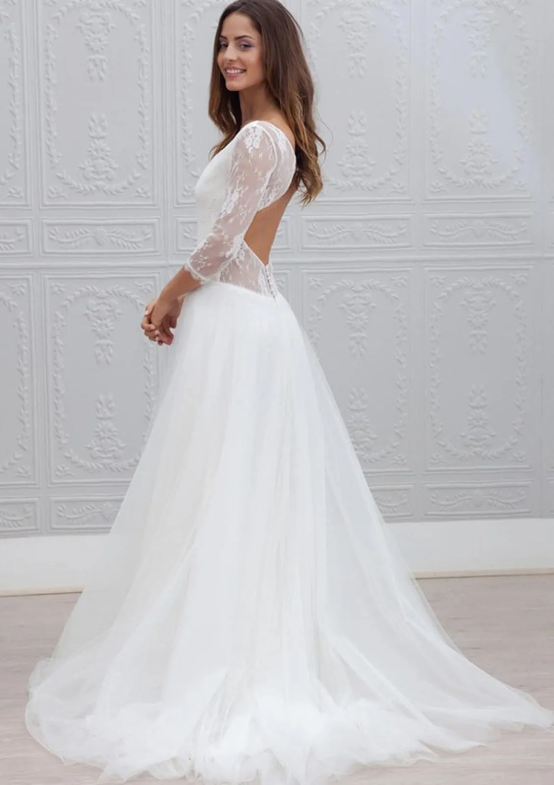 A-line/Princess V Neck 3/4 Sleeve Sweep Tulle Wedding Dress, Lace
