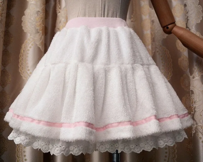 Adult Women Winter Warm Fleece Mini Pleated Pant Skirt Band Waist White Sweet Cute Lolita Skirt Costume For Lady &amp; Preppy Girls