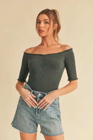 Aemi   Co Ruched Frill Off-Shoulder Half Sleeve Knit Top