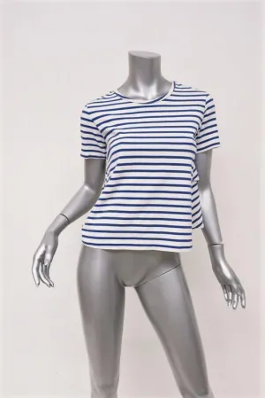 AMO Ruffle Tee Blue/Cream Striped Cotton Size Medium Short Sleeve Top
