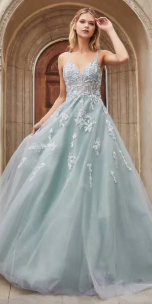 Andrea & Leo A0892 Sheer-Midriff Floral Embroidered Glitter Ball Gown