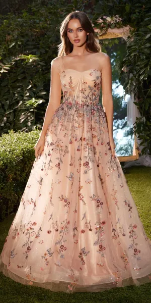 Andrea & Leo A1289 Long One Shoulder Floral Embroidered A-Line Gown
