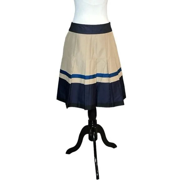 ANN TAYLOR NAVY BLUE KHAKI BOX PLEAT STRIPED A LINE MIDI SKIRT ** NWT**