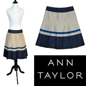 ANN TAYLOR NAVY BLUE KHAKI BOX PLEAT STRIPED A LINE MIDI SKIRT ** NWT**