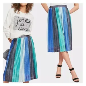 Anthropologie Maeve Metallic Sunburst Pleated Midi Skirt Blue Green Size XS