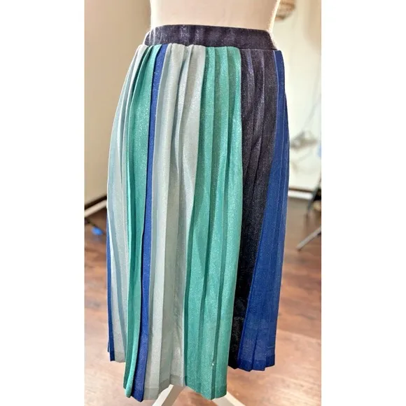 Anthropologie Maeve Metallic Sunburst Pleated Midi Skirt Blue Green Size XS