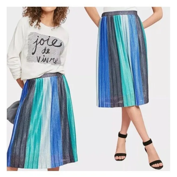 Anthropologie Maeve Metallic Sunburst Pleated Midi Skirt Blue Green Size XS