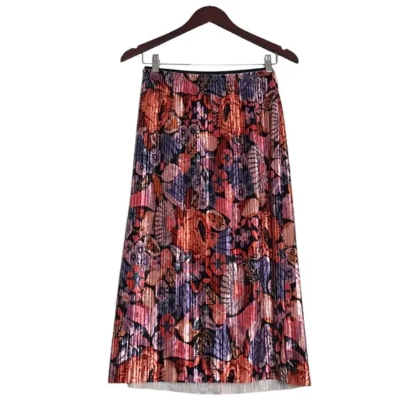Anthropologie Maeve Tilda Floral Velvet Pleated MIDI Skirt Womens Sz XS Fairy