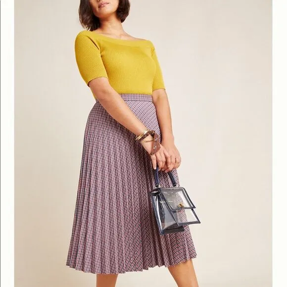 Anthropologie Pleated Plaid Midi Skirt Size 2 NWT