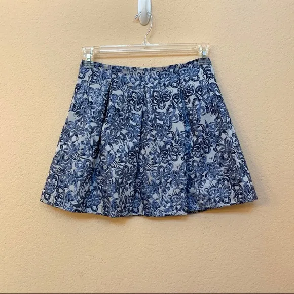 Aqua Blue Brocade Mini Pleated Flare Skirt NWT