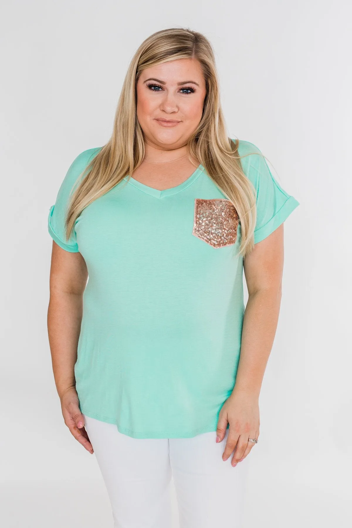 Attracted To You Sequin Pocket Top- Aqua