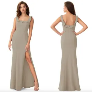 Azazie taupe nude Samantha square neck ruffle slit bridesmaid maxi dress gown