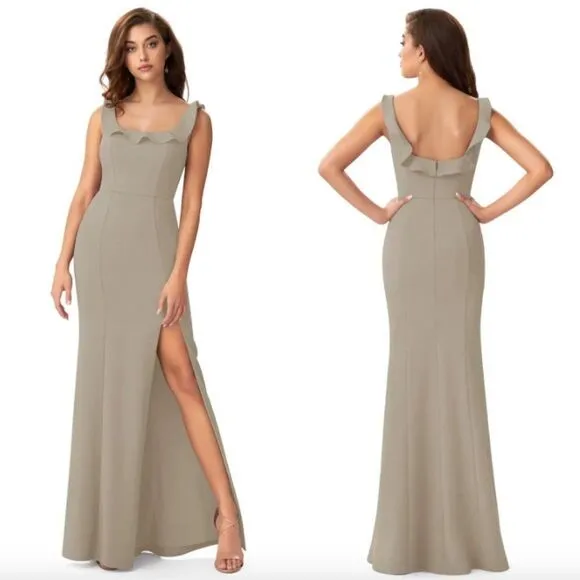 Azazie taupe nude Samantha square neck ruffle slit bridesmaid maxi dress gown