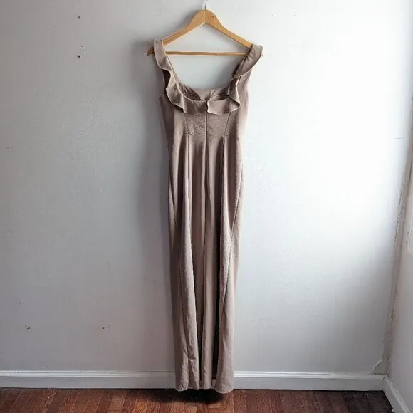 Azazie taupe nude Samantha square neck ruffle slit bridesmaid maxi dress gown