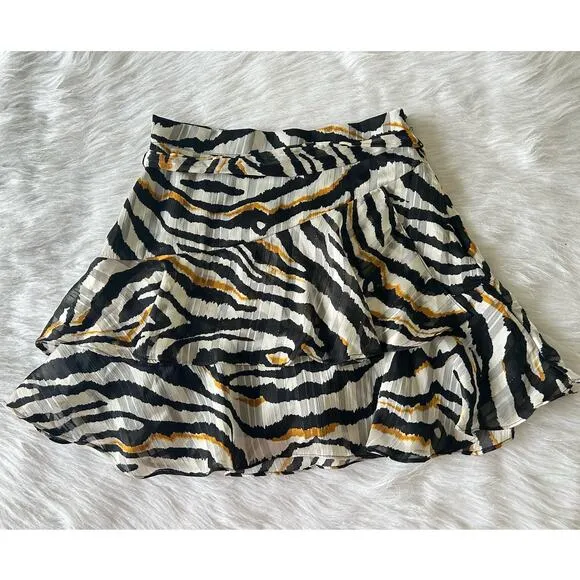 Bishop &amp; Young Anthropologie Aster Ruffle Mini Skirt Zebra Gold Print Size Small