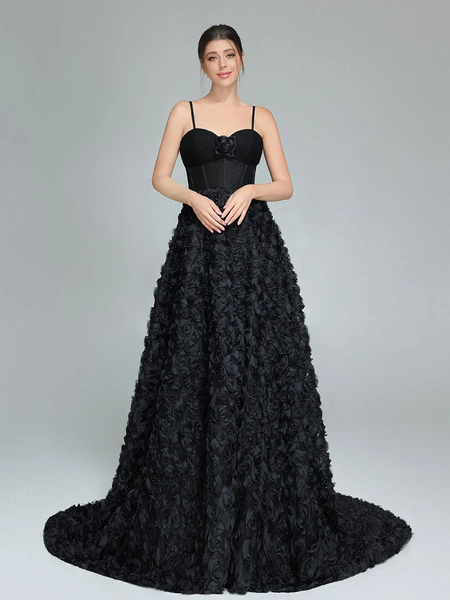 Black A-line Gown with Corset Bodice Mesh Rose Evening Formal Gown YW240043