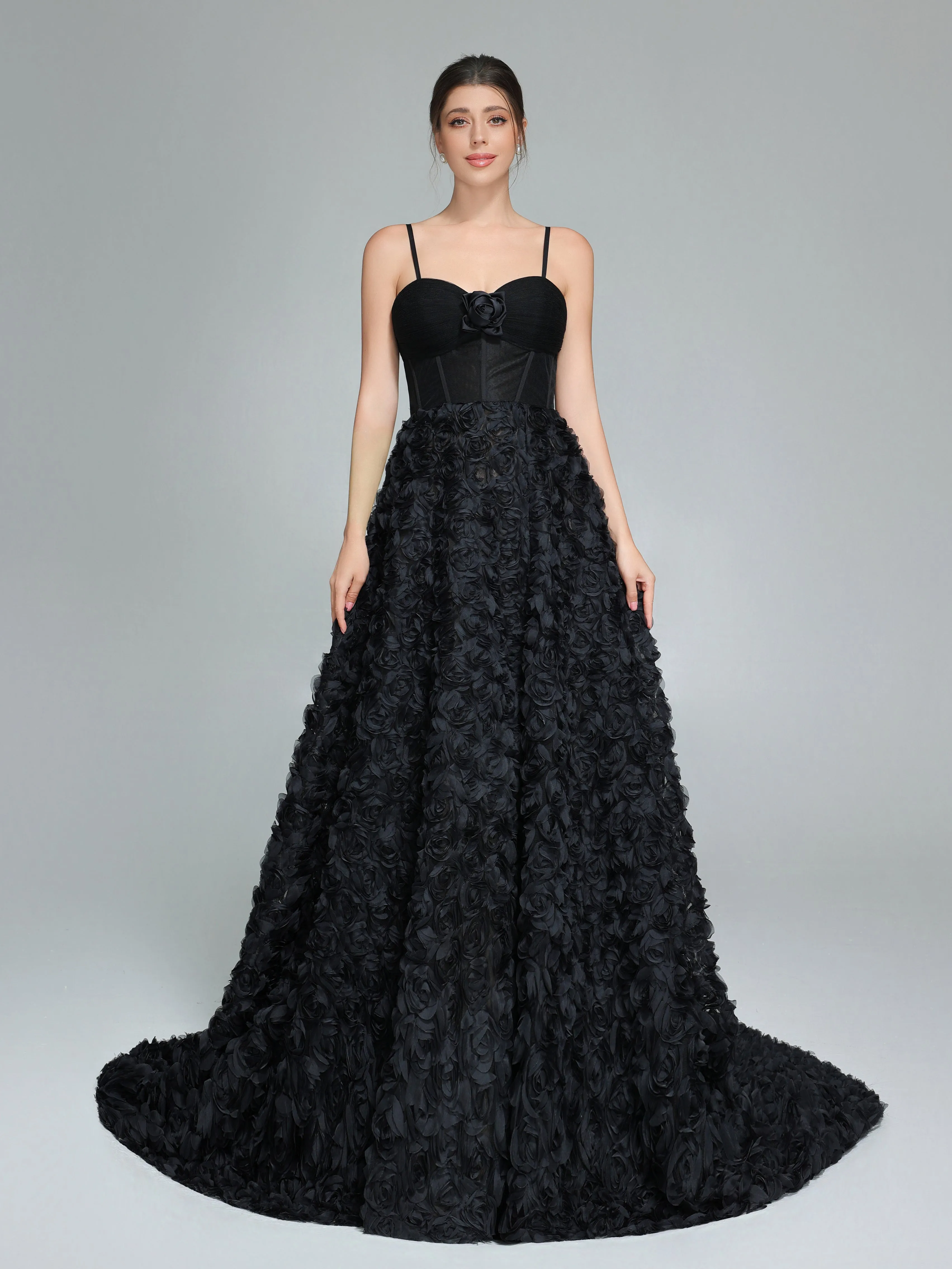 Black A-line Gown with Corset Bodice Mesh Rose Evening Formal Gown YW240043