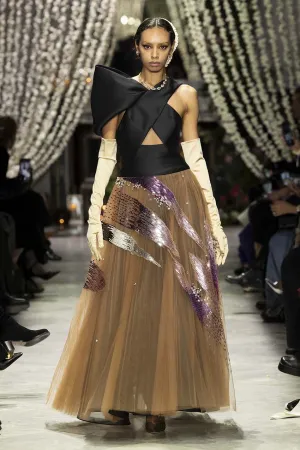 Black Gazar Asymmetric Halter Top with Odisha Ikat Embroidery Tulle Ball Gown