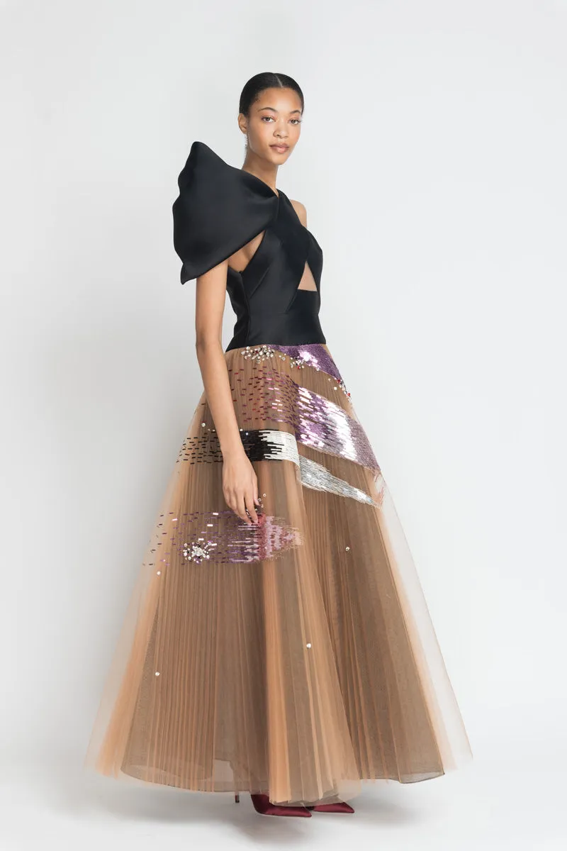 Black Gazar Asymmetric Halter Top with Odisha Ikat Embroidery Tulle Ball Gown