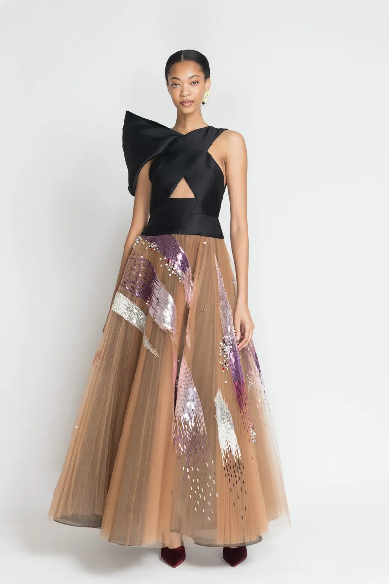 Black Gazar Asymmetric Halter Top with Odisha Ikat Embroidery Tulle Ball Gown