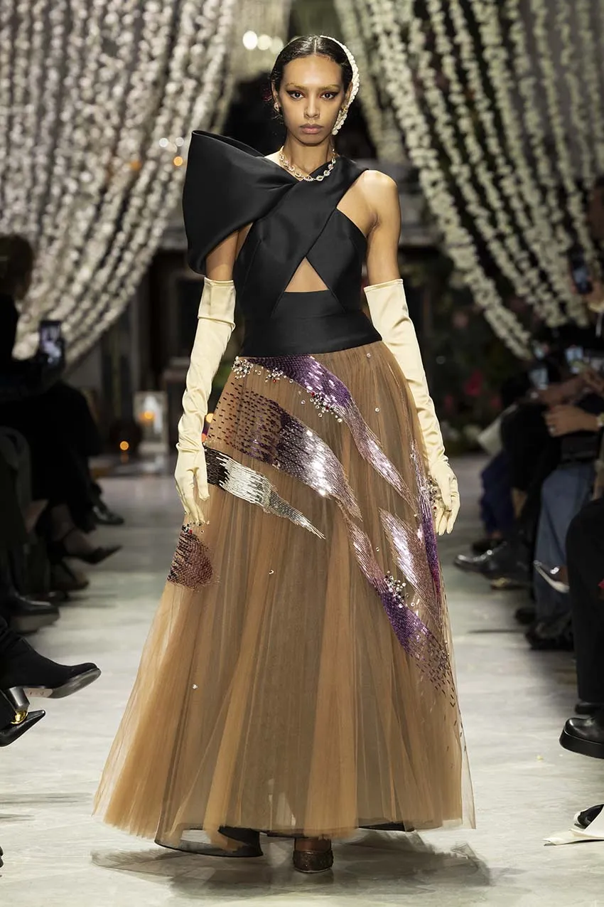 Black Gazar Asymmetric Halter Top with Odisha Ikat Embroidery Tulle Ball Gown